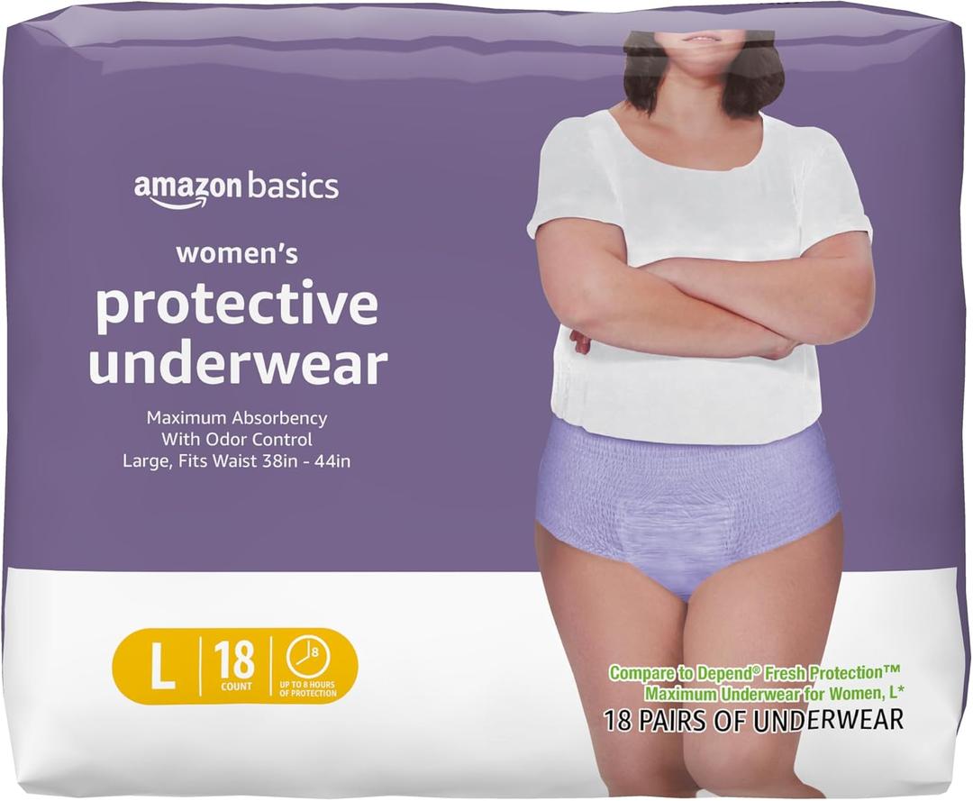 Amazon Basics Postpartum Incontinence Underwear for Women, Maximum Absorbency with Bladder Leak Protection, Fresh Protection, Disposable, Large, Lavender, 18 Count