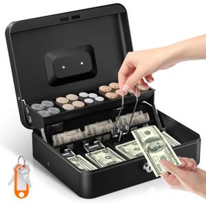 Uniclife Cash Box with Money Tray and Lock, Large Money Box for Cash Register, Safe Metal Lock Box with Key, Portable Money Saving Box, Black Metal Cash Drawer, 11.9" x 9" x 3.7"