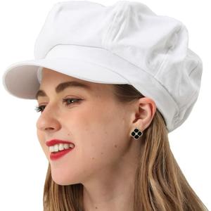 Womens Newsboy Cap Summer Beret Cap- 100% Cotton 8 Panels Vintage Cabbie Hat- Octagonal Visor Cap for Women Girls Ladies Gift (White)