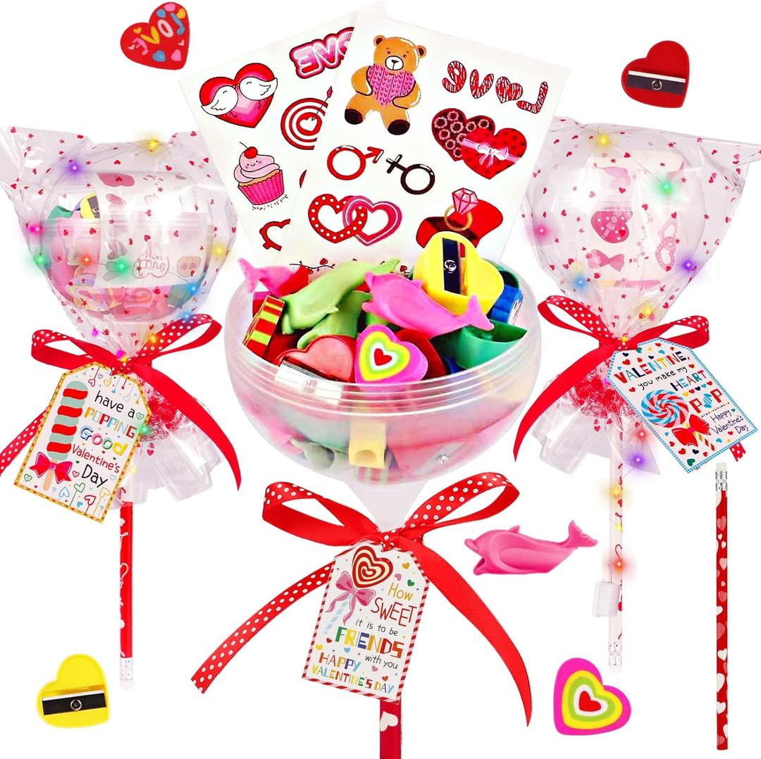 Valentines Day Gifts for Kids - 24 Pack Flashing Giant Lollipop-Shaped Stationery Set with Valentine's Cards Pencils Erasers Stickers Sharpener LED Lights for Classroom Valentines Gift Exchange