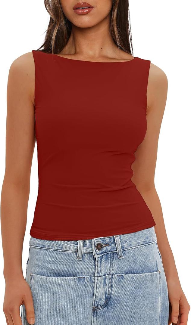 Darong Women's High Neck Tank Top Sleeveless Double Lined Basic Tops Going Out Casual Tank Shirts (Red, M)