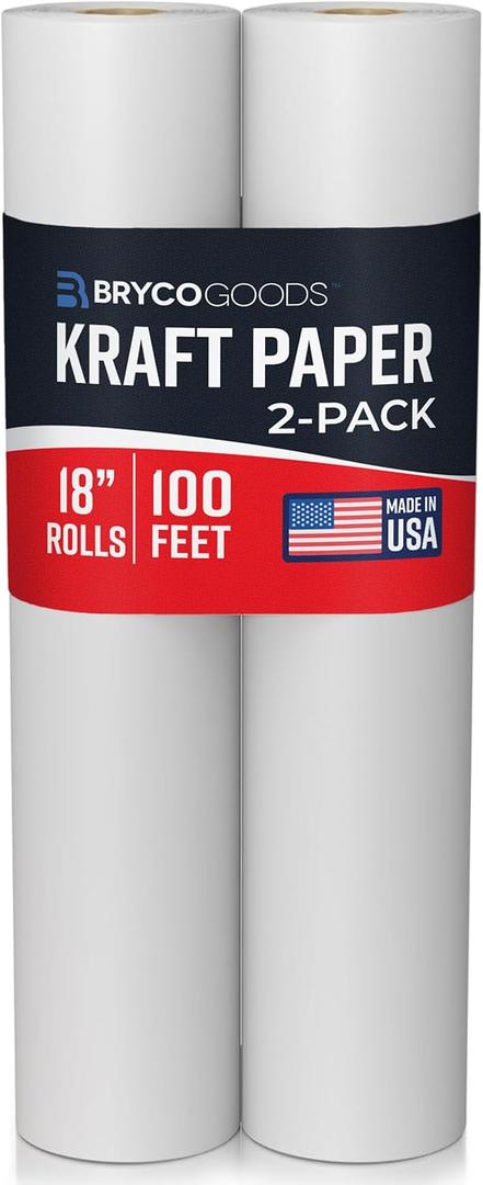 Bryco Goods 18x1200 (100) White Kraft Paper Roll - Pack of 2 - Easel Paper for Arts & Crafts, Floor Covering, Packaging, Gift Wrapping, Bulletin Boards - Made in The USA