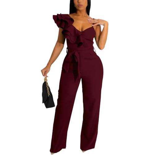 HBQ Womens Casual One Piece Jumpsuits V-Neck Sleeveless Ruffle Backless Belted Elegant Romper Wide Leg Pant Sexy Party Clubwear Overalls, Wine Red Solid, XX-Large
