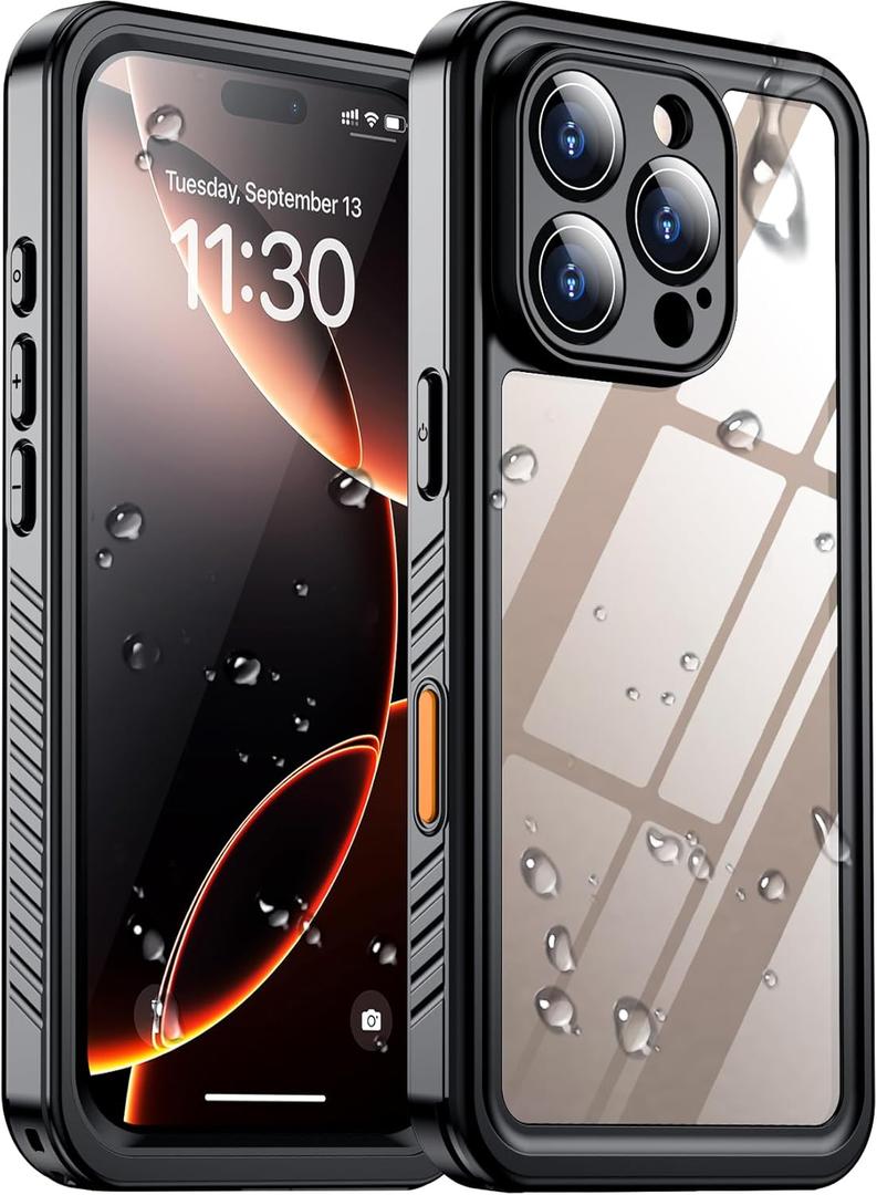 2 x Temdan Compatible with iPhone 16 Pro Max Case Waterproof, Built-in Screen & Camera Protector IP68 Underwater Full Body 16FT Military Dropproof Shockproof Phone Case 6.9"-Black/Clear