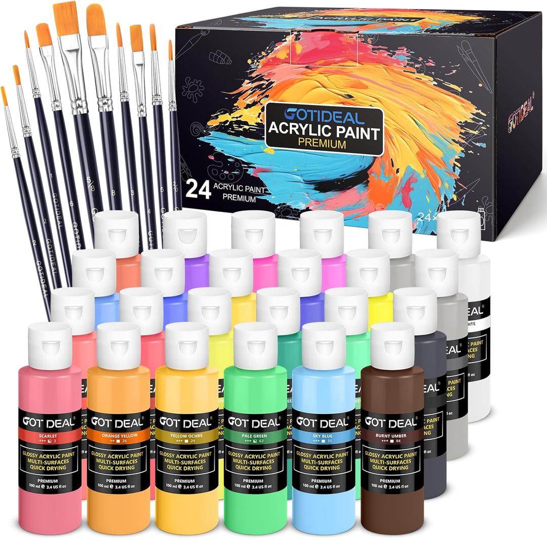 GOTIDEAL Acrylic Paint Set with Paint Brushes, 24 Colors(100ml, 3.4 oz) Outdoor Paint for Adults and Kids, Perfect for Artist, Beginner, Ideal for Wood, Canvas, Rocks, Craft Painting Supplies