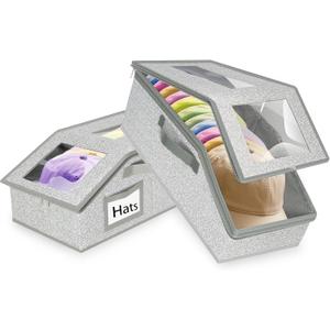 Hat Organizer for Baseball Caps,2PCS Stackable Hat Storage Box with Clear Window Lid, Space-Saving Box for Closet
