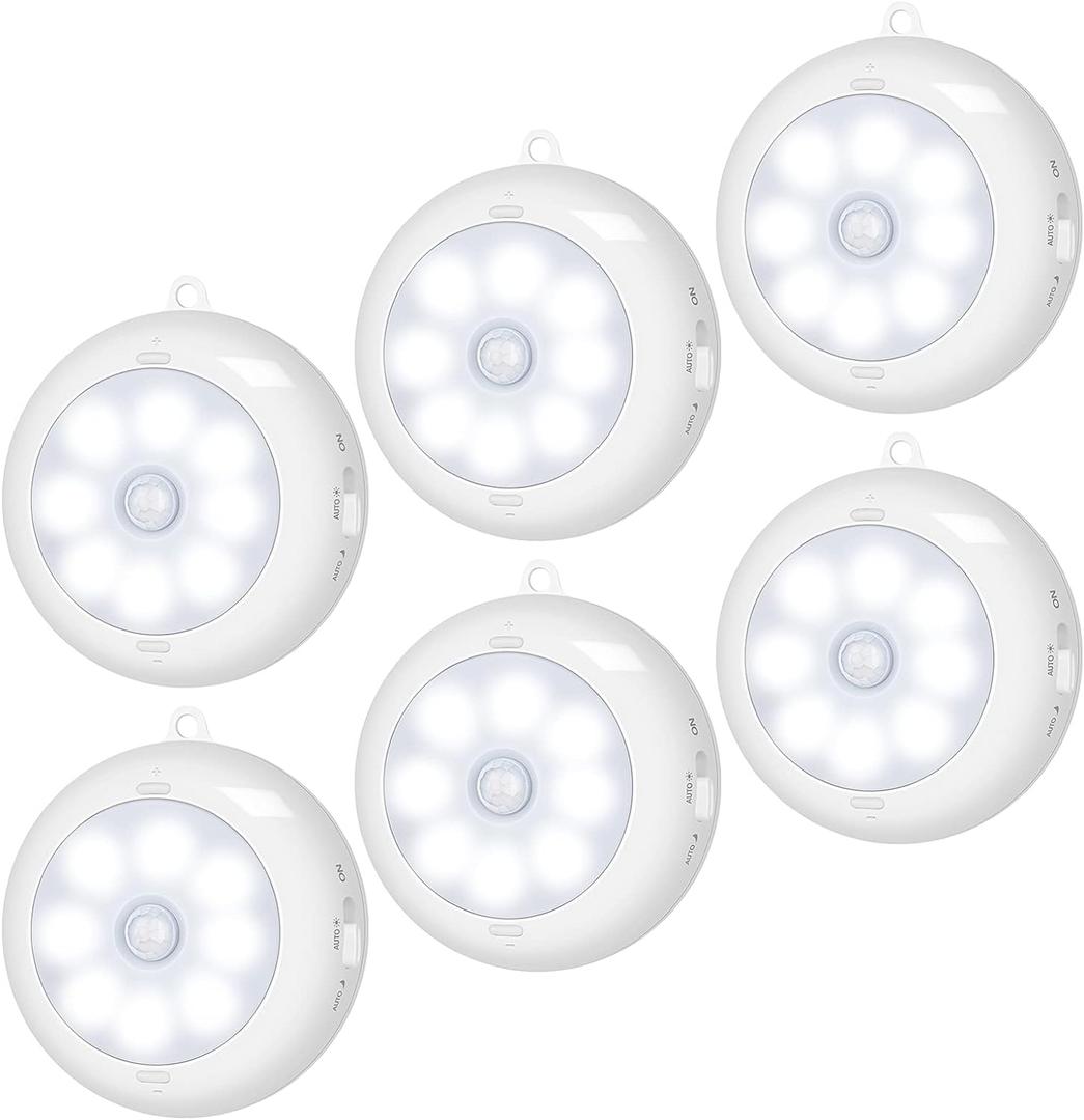 BLS Motion Sensor Light Indoor, Wireless LED Night Light, Under Cabinet Lighting, Battery Powered Puck Lights for Closet, Kitchen, Stairs, Wall, AA Battery Operated, Stick on, Dimmable, White, 6 Pack