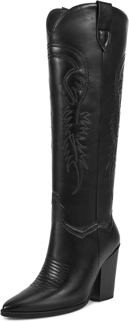 ISNOM Women's Cowgirl Boots Pull On Knee High Boots, Cowboy Western Embroidered Chunky Block Heel Pointed Toes Boots (6, Matte Black)