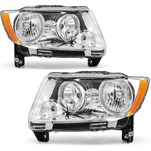 Headlight Assembly Compatible with 2011 2012 2013 Jeep Grand Cherokee Headlamp Replacement for 2011-2017 Jeep Compass Clear Lens Chrome Housing Amber Reflector Left & Right Pair