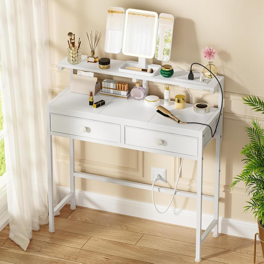 Small Vanity Desk with Rotating Mirror & Power Outlets, 31.5"W Makeup Table, 2 Drawers