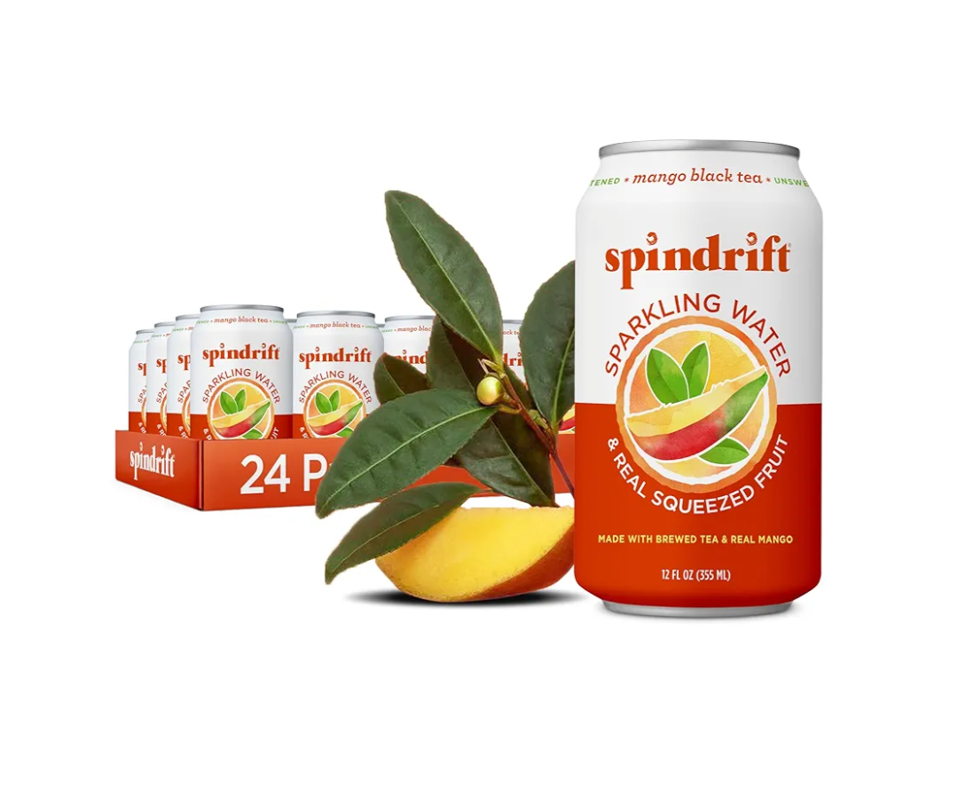 Spindrift Mango Black Tea Can 12 Ounce (Pack of 24), Best By: 10/21/25