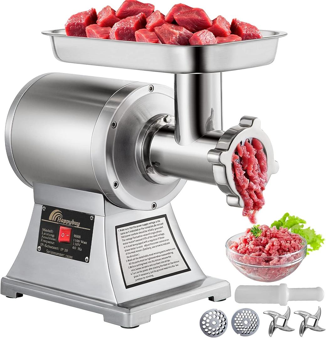 Happybuy Commercial Meat Grinder,550LB/h 1100W, 220 RPM Heavy Duty Stainless Steel Industrial Meat Mincer w/2 Blades, Grinding Plates & Meat Pusher (2 Grinding Plates)