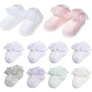 Nurtursoft Baby Girl Lace Socks, Soft Cotton Ruffle Dress Socks for Newborns 0-3 Months, Ankle High (Mixed 10-Pack XXS)