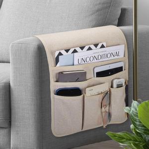Remote Control Holder Armchair Caddy for Recliner Couch, Non-Slip Armrest Organizer with 5 Pockets for Magazine, Tablet, Phone, iPad (Beige)