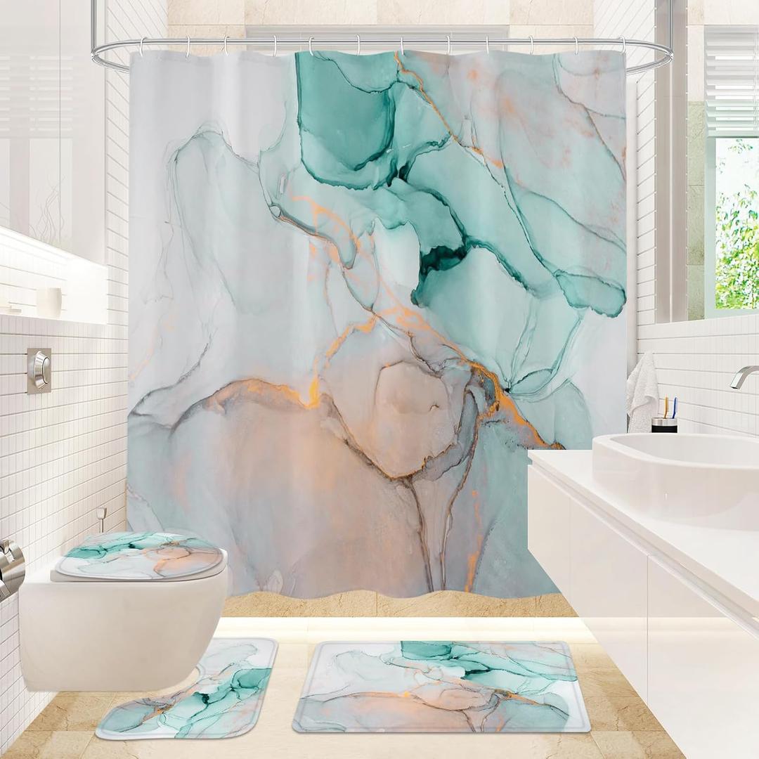 Gibelle 4 Pcs Bathroom Shower Curtain Set with Non-Slip Rugs, Toilet Lid Cover and Bath Mat, Grey Teal Marble Bathroom Decor Set with Shower Curtain and Rugs and Accessories