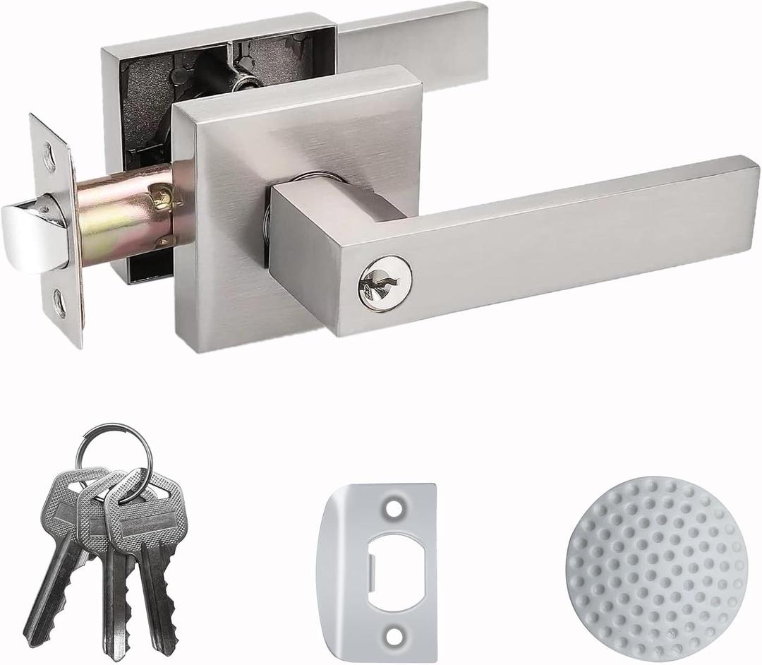 Door Handle Heavy Duty, Keyed Alike Entry Door Lever, Door Knobs with Lock and Key, Square Door Lever in Satin Nickel for Bedroom, Bathroom and Front Door