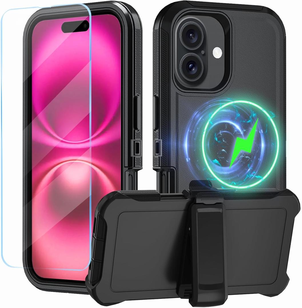 Magnetic for iPhone 16 Plus Case,with Belt Clip,[Compatible with Magsafe] W/Tempered Glass Screen Protector,Anti-Drop,Shockproof,Heavy Duty Protection (Black)