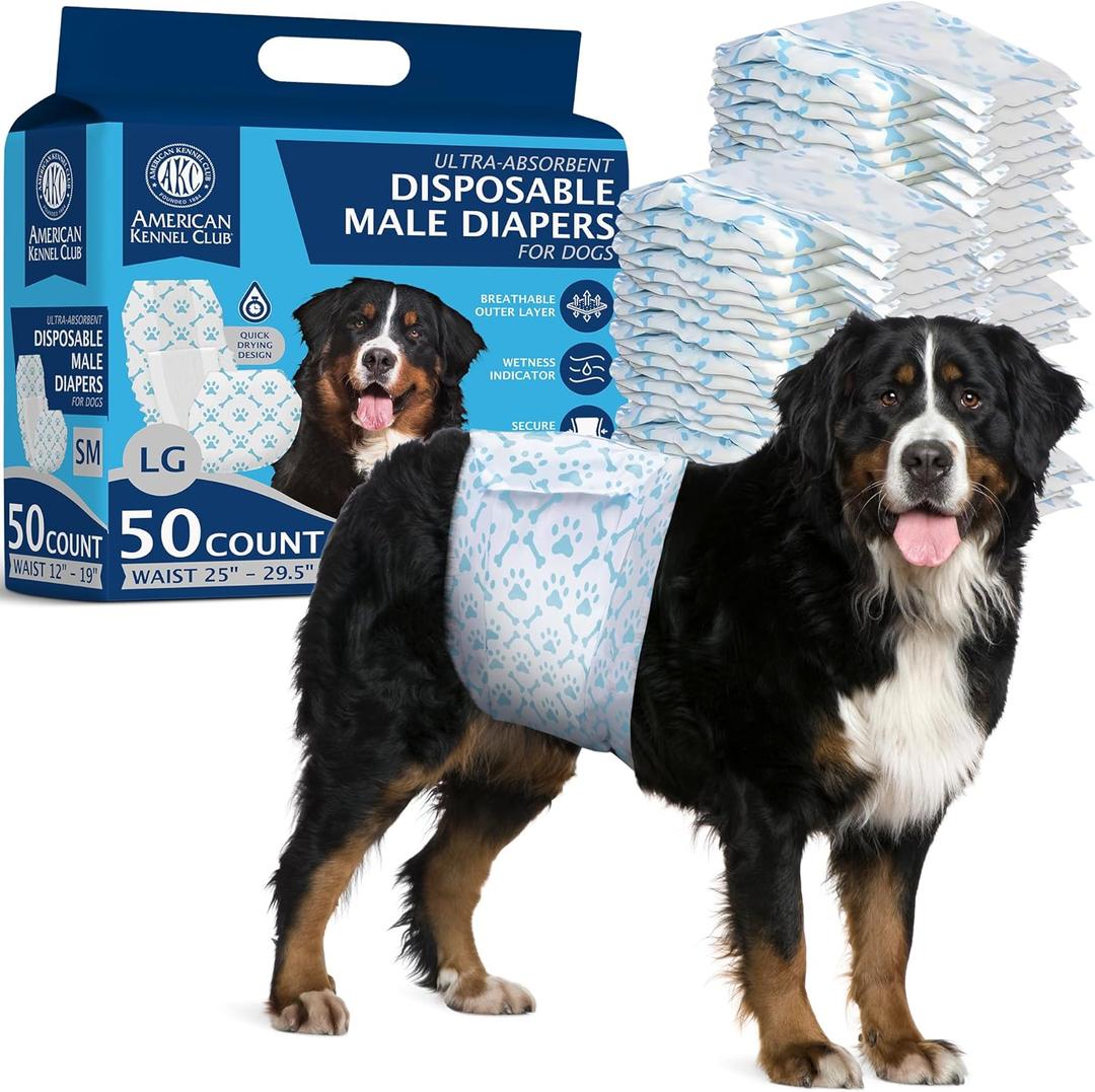 American Kennel Club Male Dog Wrap, Disposable Diapers with Wetness Indicator, Large, 50 Count (LG Waist Size 25 - 29.5 in)