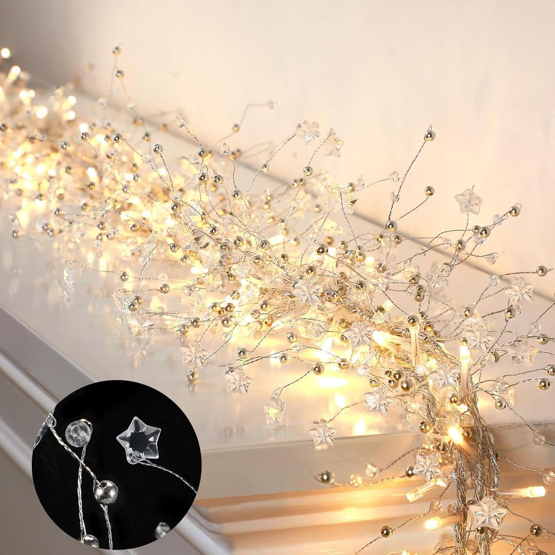 Riceshoot 2 Pieces Christmas Ice Wire Clear Garland with Light Wire Acrylic Crystal Garland Faux Diamond Beaded String Christmas Tree Ornaments Holiday Party Decoration (Star)