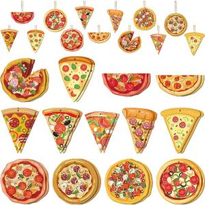 27 Pcs Wooden Christmas Pizza Slice Ornaments Pizza Decoration for Christmas Tree 3.15'' Food Ornaments with Hanging Ropes 0.08'' Thick Cute Xmas Gift for Food Lover Party Decoration