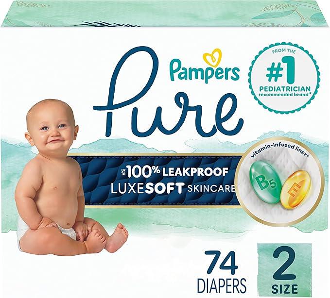 Pampers Baby Diapers - Pure Protection - Size 2, 74 Count, for up to 100% Leakproof, Premium Plant-based Skin Protection