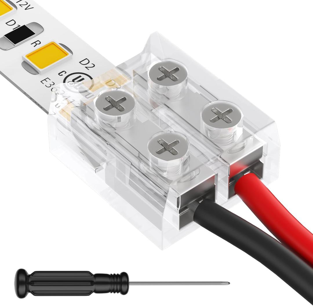 HitLights 12 Pack LED Connector 2 Pin 10mm Solderless LED Tape Lights Connector Transparent LED Strip Lights Connectors with Screwdriver Strip to Wire for 12V 24V Single Color LED Light Strips