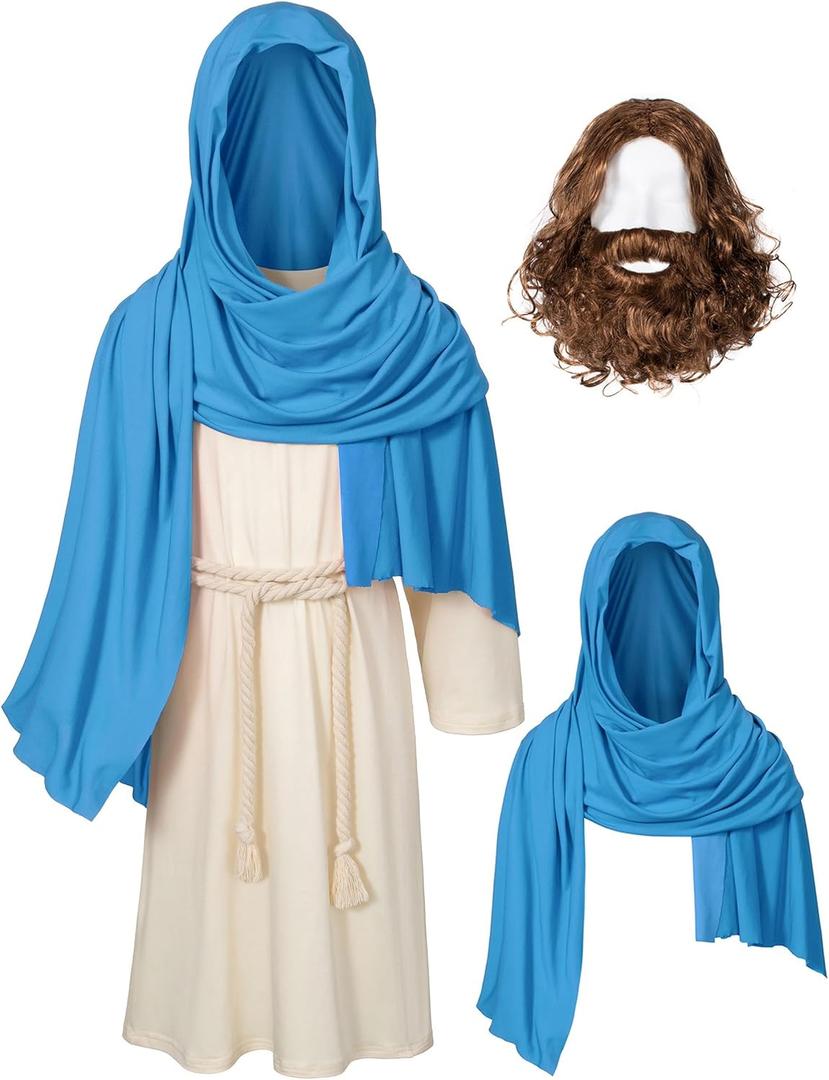 Kids Jesus Saint Religious Biblical Robe Fancy Dress Costume Wig Moustache Scarf Shawl Waist Rope set (4-5 Years)