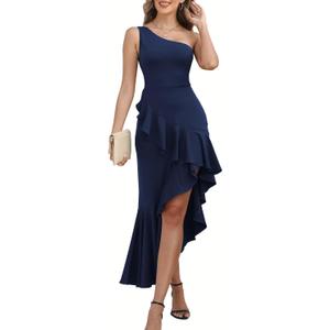 Women's One Shoulder Dress Sleeveless Midi Dresses Asymmetric Ruffle Bodycon Cocktail Party Dress (Medium, Navy)