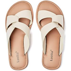 Luoika Women's Wide Width Flat Slides Sandals, Strappy Slide Sandal Slip-on Dressy Summer Shoes for Women, 8.5 