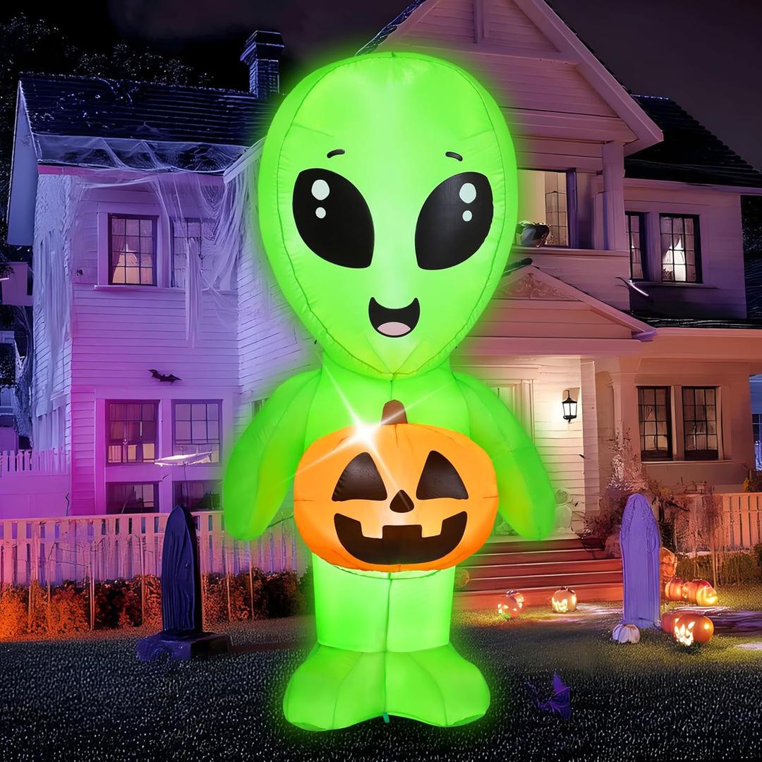 Joiedomi 5ft Tall Halloween Inflatable Alien, Alien Inflatable with Blow Up Pumpkin, Alien Blow Up Yard Decoration with Built-in LED Light for Halloween Party Indoor Outdoor Garden Lawn Yard Decor
