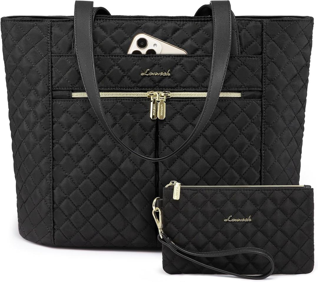 LOVEVOOK Laptop Bag for Women 15.6 inch, Diamond Quilted Work Tote Bags Women's Laptop Tote Computer Shoulder Bags, Stylish Travel Tote Bags Laptop Purse Case Briefcase Handbag with Clutch Bag, Black