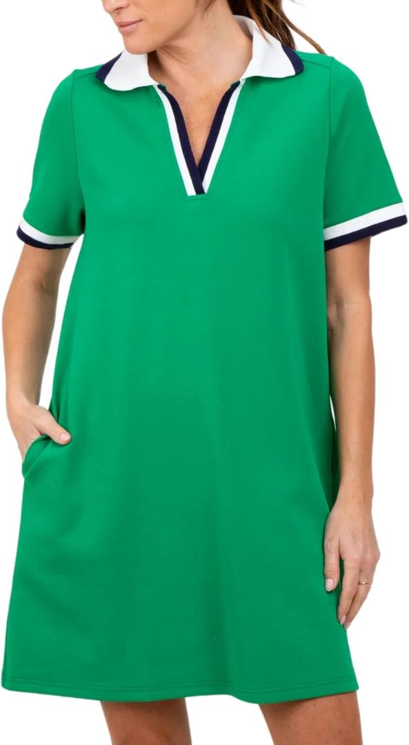 Polo Mini Dress for Women Casual V Neck Short Sleeves Tennis Dress Contrast Trim Shirt Dress with Pockets, M
