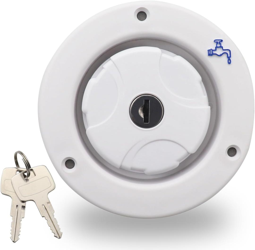 RV Fresh Water Inlet Lockable Plastic Gravity Inlet Filler Cap with Spring and Seal Leak proof Fill Hatch Replacement Kit Includes 2 Keys for RV Camper Water Tank Trailer EquipmentWhite