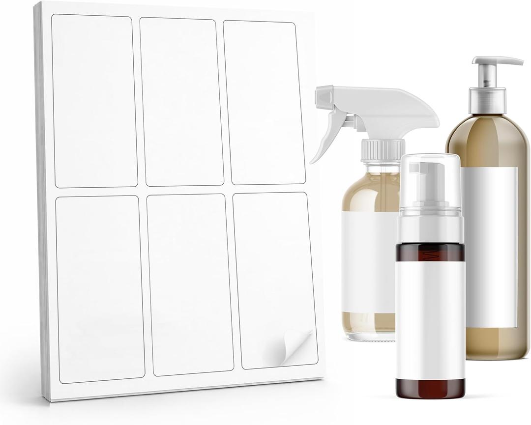 Bottle Labels Waterproof 5x2.5 Inch, 60 Blank Printable Vinyl Stickers for 4 oz Spray Bottles, Lotion, Cosmetics - Self-Adhesive Wraparound White Label Sheets for Inkjet, Small Business, DIY