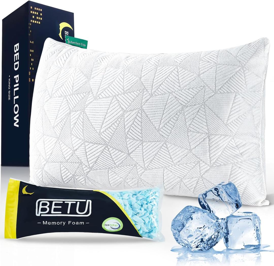 BETU Cooling Pillow Queen Size, Shredded Memory Foam Cool Pillow for Hot Sleepers, Adjustable Firm Soft Support Bed Pillows Perfect for Back Neck Pain and Side Sleeping with Pillow Case Cover, White, Queen, 1 Count