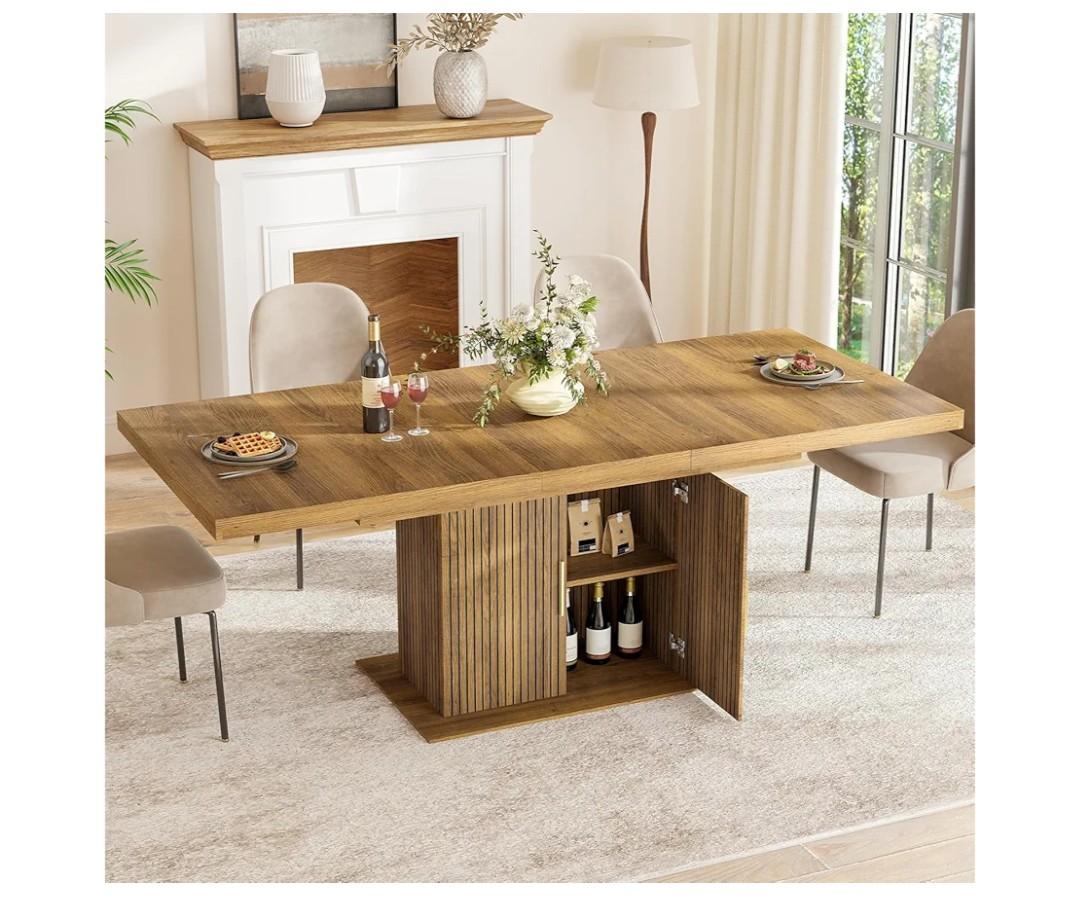 Zevemomo 62.99"-78.74" Expandable Dining Table with Storage, Extendable Dining Table for 6-10 People, Extra Hidden Storage for Tableware & Wine, Modern Farmhouse Table for Kitchen Living Room-Brown