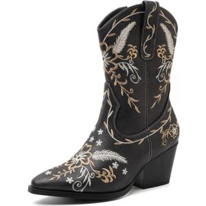 ANJOUFEMME Western Women's Cowboy Cowgirl Boots, Embroidered Round-toe Mid-calf Boots (6, Black)