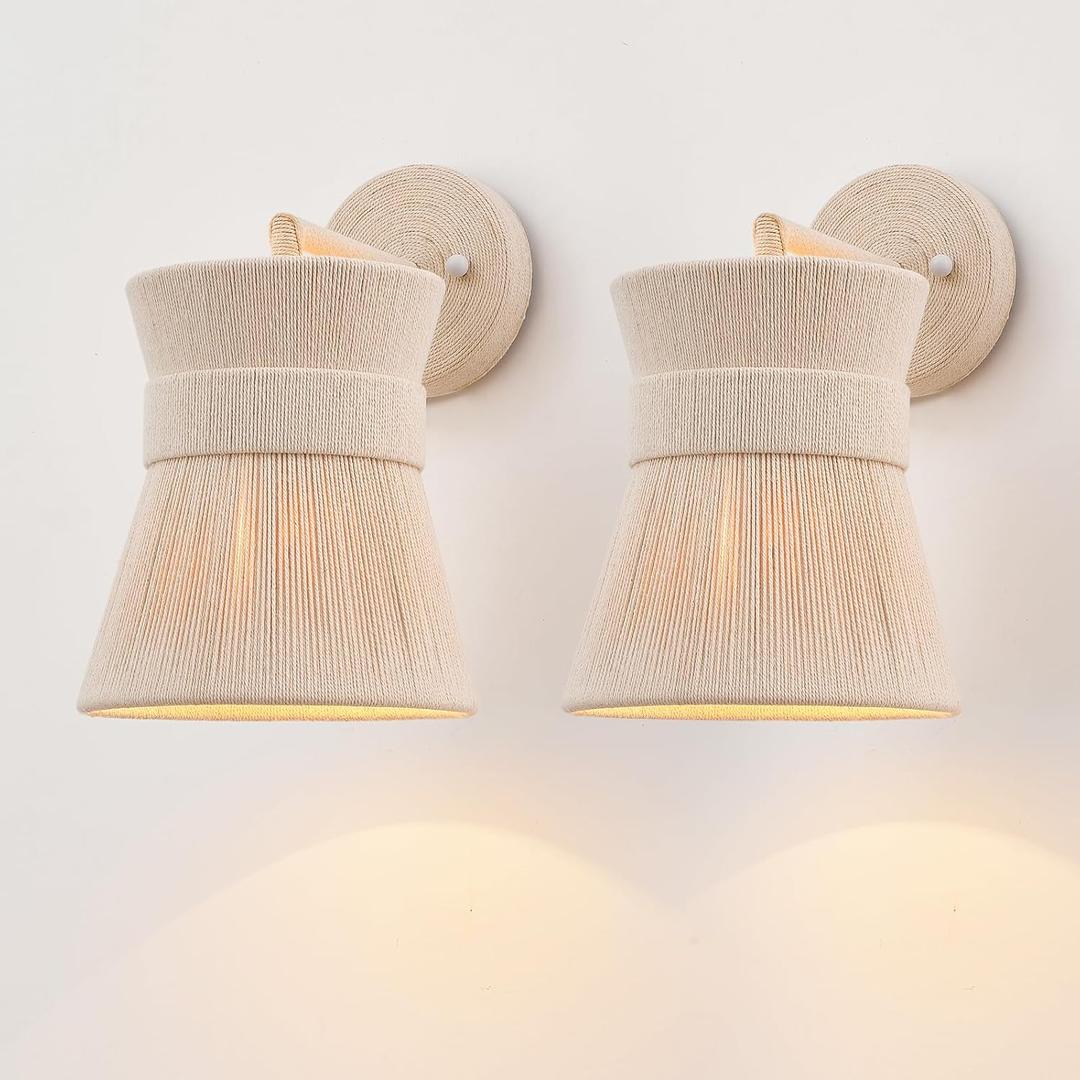 Set of Two Hand Woven Wall Sconces Boho Wall Lamp White Coastal Wall Lights for Bedside Hallway Vanity Stairway Fireplace Living Room, UL Listed