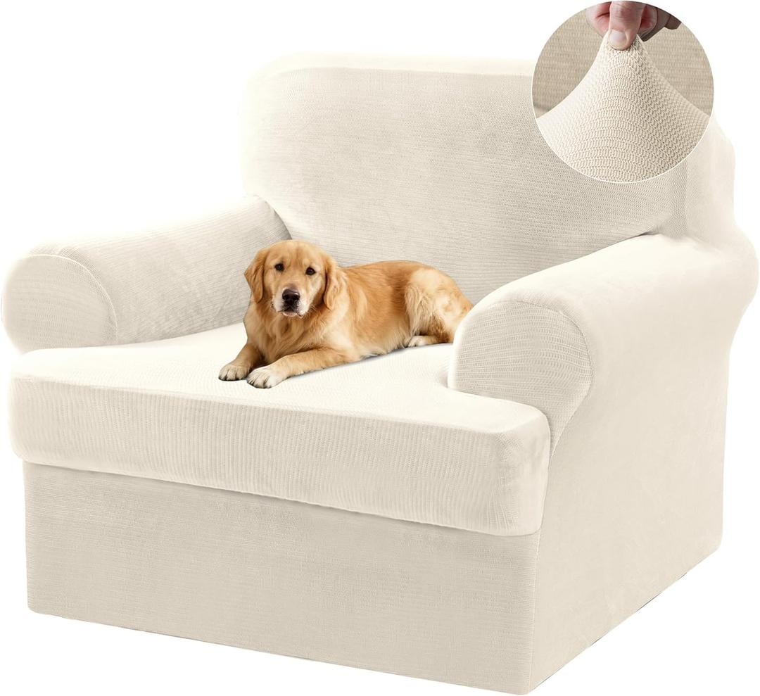 2 Pieces T Cushion Chair Covers with Arms Thick Velvet Couch Cover Stretch T Cushion Sofa Covers for Living Room Chair Cover with Individual T Cushion Covers , Washable (1 Cushion Chair, Ivory)