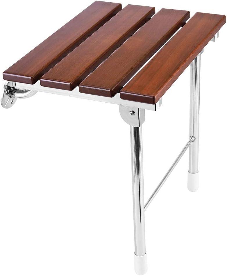 Folding Shower Seat Wall Mounted Bathroom Bathtub Safety Stool Chair, Solid Wood, with Support Legs, Load of 350 lbs, 14.88"(L)*12"(W)*17.12"(H) (Wood)
