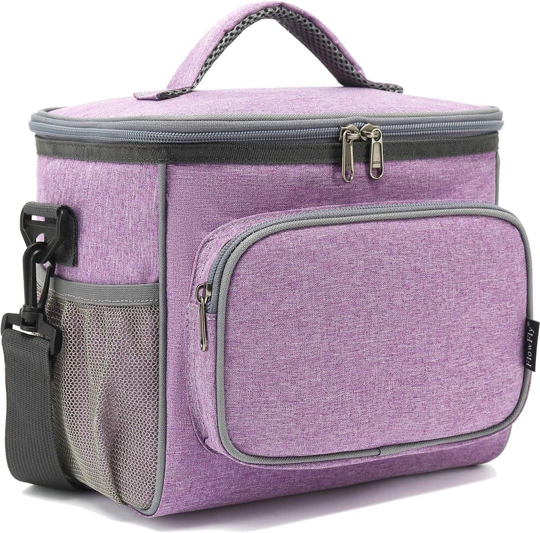 FlowFly Insulated Reusable Lunch Bag Adult Large Lunch Box for Women and Men with Adjustable Shoulder Strap, Front Zipper Pocket and Dual Large Mesh Side Pockets, Purple