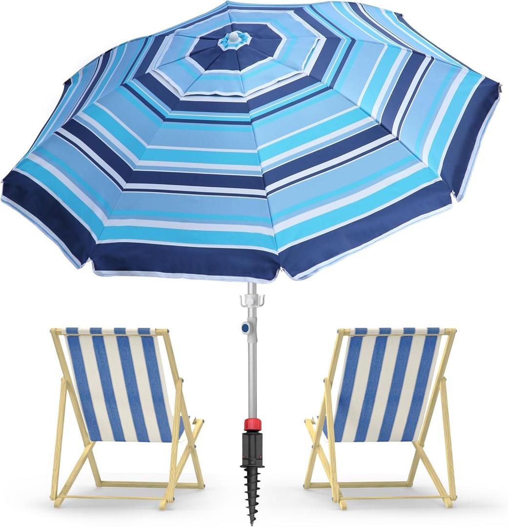 7ft Heavy Duty High Wind Beach Umbrella Parasols with sand anchor & Tilt Sun Shelter, UV 50+ Protection Outdoor Sunshade Umbrellas Carry Bag for Patio Garden Pool Backyard Stripe Blue