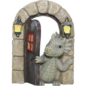 Dragon Garden Ornament Resin Craft Ornament Statue Fairy Door Yard Art Outdoor and Garden Solar Light Luminous Sand Open Door Dragon Wall Statue Outdoors Decor (Open The Door)
