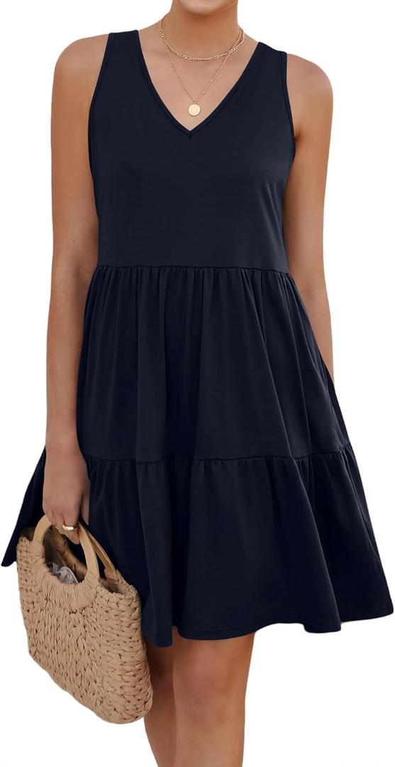Womens Summer Dresses V Neck Tank Tiered Flowy Mini A Line Casual Sundress with Pockets (S)
