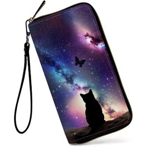 Womens Wallet, Large Capacity RFID Blocking PU Leather Wristlet Wallets for Women Ladies Men Credit Card Holder Zipper Phone Holder Clutch Travel Purse, Galaxy Cat