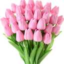 30 Pcs Pink Tulips Artificial Flowers Fake Tulips Fake Tulip Flowers Real Touch 13" Silk Flower for Bulk Home Kitchen Wedding Party Valentine's Mother's Decorations(Pink)