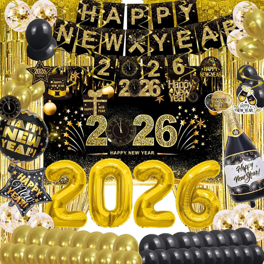 Happy New Year Party Decoration Supplies - 2026 Backdrop Banner Fringe Curtains and Foil Balloon, Photo Booth Props, Swirls, Confetti, New Years Eve Black and Gold Decor Photography Backdrops Kit