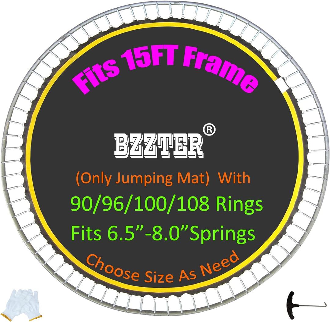 Trampoline Replacement Mat,Fits 15ft Round Frame with 90/96/100/108 Rings,Fits 5.3-8.5" Springs,Longer Lasting with 10 Rows of Stitches,w/Pull Hook and Gloves,13ft-13.4ft Trampoline Mat