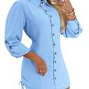CHICME Women Shirt Dress Long Sleeve Button Down Lighted Blue Blouses Side Drawstring Mini Dresses Lighted Blue-XL