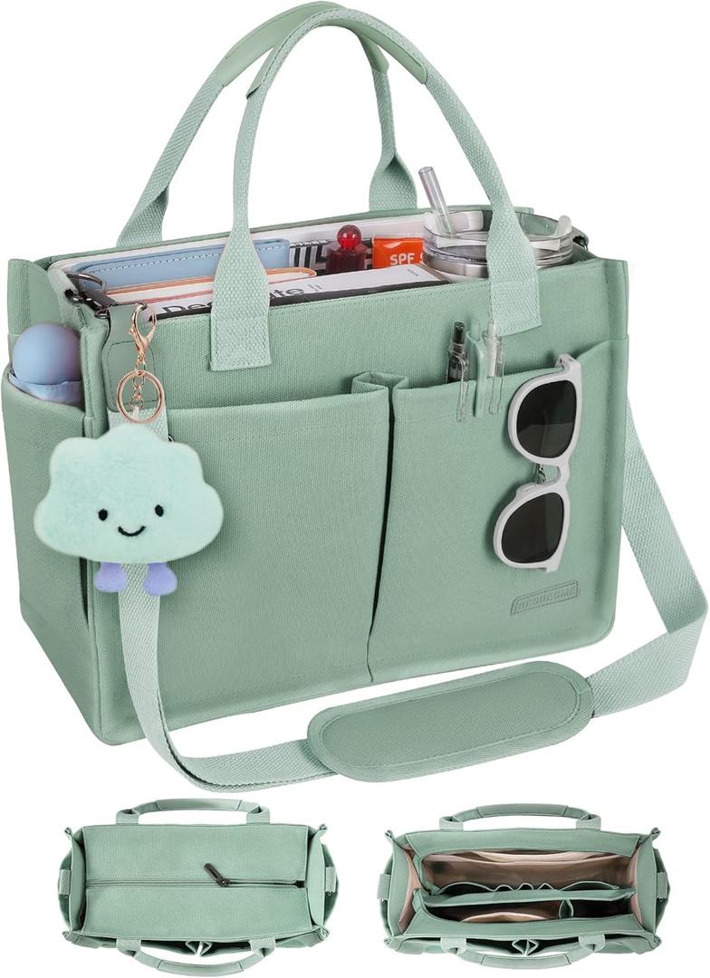 BESBESME Canvas Tote Bag for Women with Zipper & Compartments Large Work & College Laptop Tote Crossbody Shoulder Bag (Green)